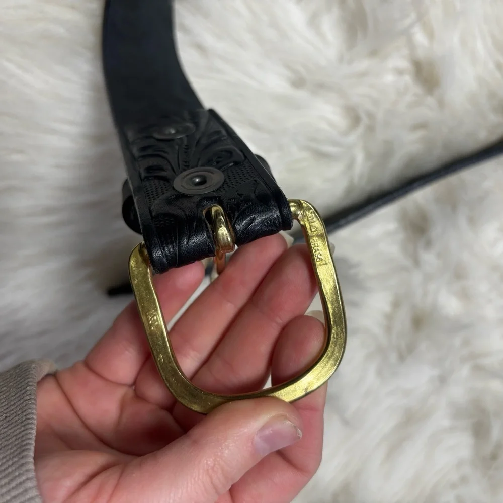 Boston Leather Black Embossed Leather Belt with Solid Brass Buckle size 34